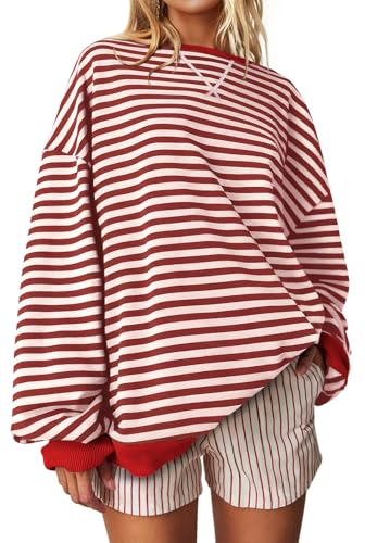 Image of UEU Women Oversized Striped Crewneck Sweatshirt Long Sleeve Color Block Pullover Tops Casual Loose Workout Shirt
