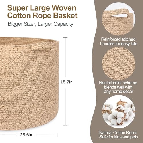 Image of MEGASKET 115L Wicker Storage Basket, 23.6 inchx15.7 inch Woven Cotton Rope Basket, Giant Kids Dog Toy Bin Organizer, XXXL Blanket Pillow Holder for Living Room, Brown Variegated Wicker Baskets for Organizing