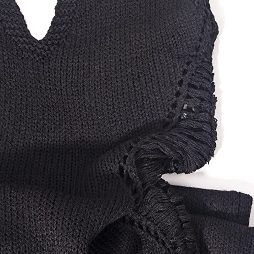 Women Sexy V Neck Bodycon Sweater Dress Knitted Halter Lace Up Hollow Out Waist Maxi Dress Club Outfits Black #TOP4