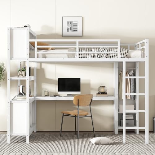 Harper & Bright Designs Queen Loft Bed with Desk, Wardrobe, and Storage Shelves