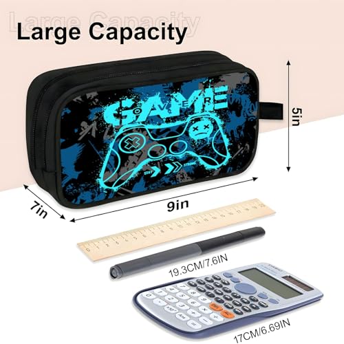 Image of WOBAGMEN Double Layer Pencil Case with Handle Large Pencil Bag Cute Print Pencil Pouch for Boys Girls (Blue Game)