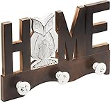 PRODUKT-DETAILS: Maße: 355 x 225 mm | Tiefe mit Haken: 50 mm  Anzahl der Haken: 3 | Motiv: Eule, Home | Material: MDF | Farbe: Dunkelbraun, weiß | Gewicht: 820 g