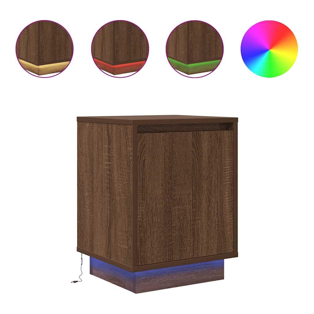 Szafka nocna z oświetleniem LED RGB, brązowy dąb, 38x34x50 cm, z drewnopochodnego materiału odpornego na wilgoć. Posiada dużo miejsca do przechowywania książek i szklanek, solidny