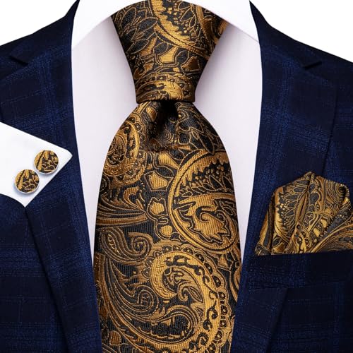 Image of Hi-Tie Men 63inches Tie Set Extra Long Necktie Paisley Tie Pocket Suqare Cufflinks Big and Tall Men Tie
