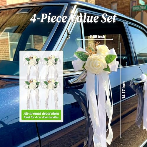 Image of 4PCS Wedding Car Door Handle Decorative Flowers, White Artificial Cars Bouquet Flower Bowknot Ribbon Decor, Just Married Automotive Decorations Accessories for Door Handles