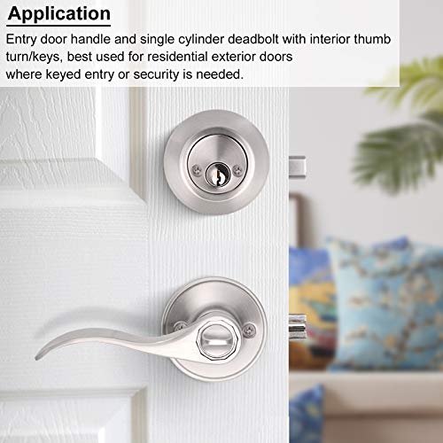 Knobonly 4 Pack Front Door Entry Lever Lockset And Double Cylinder Deadbolt Combination Set, Satin Nickel- All Keyed Alike(Same Keys) #TOP4