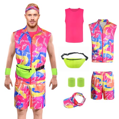Mprocen 7PCS 80s Workout Costume for Men Halloween Outfits Cosplay 90s Couples Disco Suit Theme Party Cloth Set for Adult Men