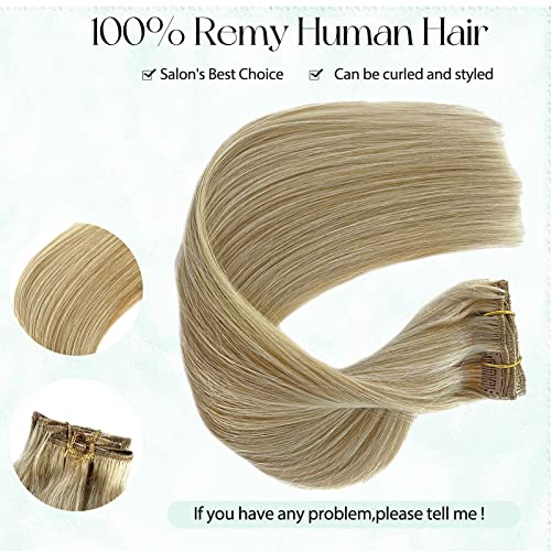 Image of Clip in Hair Extension Human Hair Balayage Blonde Mixed Bleach Blonde Real Hair Extensions Clip in Human Hair Extensions Real Human Hair 12inch for Full Head 7 Pieces 70 Gram