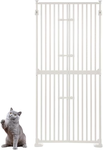 unipaws 74 Inch High Extra Tall Cat Gate with Doors Locks Narrow Bar Spacing, Pressure Mounted 6 to 8 Feet Tall Adjustable Pet Gate, Cat Door Way Indoor Use, White