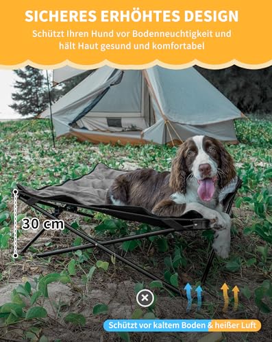 KingCamp Erhöhtes Hundebett Hundeliege Outdoor Haustierbett Haustierliege Atmungsaktivem Mesh & Wildledermatte & Rutschfesten Füßen für Reisen Garten Outdoor Indoor, Schwarz 77 x 77 x 30 cm