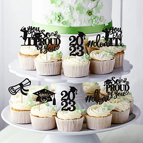 24 Pack Black 2023 Graduation Cupcake Toppers Glitter So Proud Of You Done Diploma Grad Cap Cupcake Picks You Did It Cake Decorations For 2023 Graduation Theme Party Decorations Supplies #TOP6
