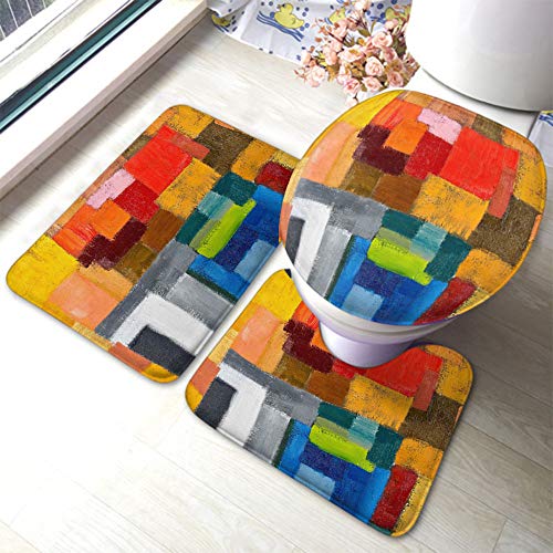 3 Piezas Juego De Alfombra De Baño Abstract Geometric Original Oil Close-Up Fragment Strokes Forma De U para Baño Cómoda Lavable Alfombras De Cama, para Baño, Cocina, Dormitorio