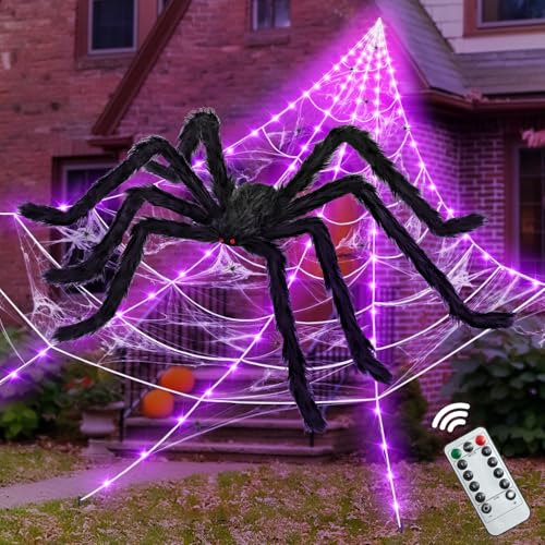 ININ 200 Halloween Light Up Spider Web with 250 LED Lights Halloween Decorations Outdoor/Indoor Scary Party Decorations with 59 Giant Spider & 20g Stretch Cobweb for Yard/Lawn/Garden(Purple)