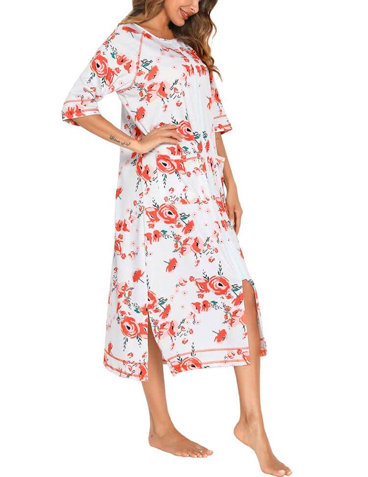 Image of Veseacky Women Robe Zipper Front House Coat 3 /4 Sleeve Nightgown Full Length Ladies Lounge Dress with Pockets S-XXL