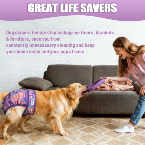 Image of Langsprit Female Dog Diapers for Doggie Puppy,Reusable Dog Period Diapers Female for Heat Peeing,Small Medium Large Doggy Diaper Washable,Dogs Pants 5 Pack, Vibrant Flowers, X-Large