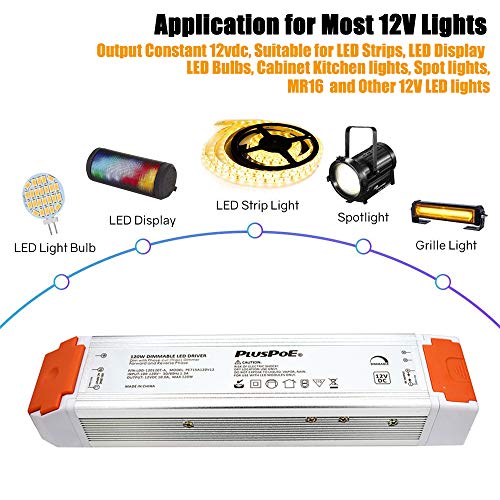 Image of 120W 12V Dimmable LED Driver, Triac /ETV /MLV Dimmable Power Supply Compatible with Lutron, Leviton Dimmer, 120V AC to DC 12V 10A Transformer for LED Strip Light, Low Voltage Lighting Project