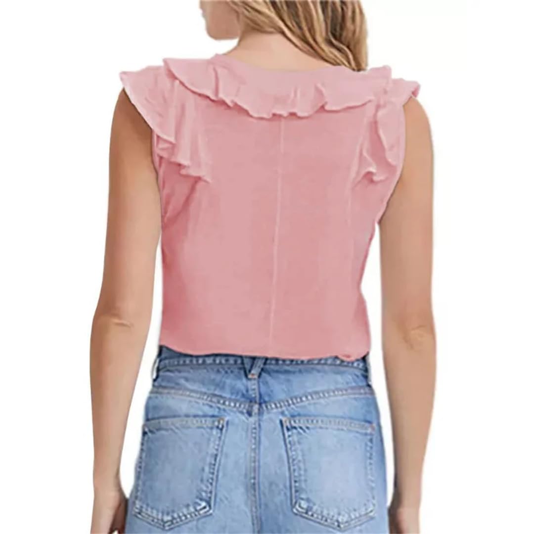 Camicie da donna estive casual con volant senza maniche scollo a V sciolto solido top