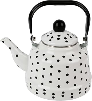 Cute Polka Dot Tea Kettle, Vintage Enamel Teakettle Stovetop, Small Capacity, Large Spout, Foldable HandleWhite,2.5L