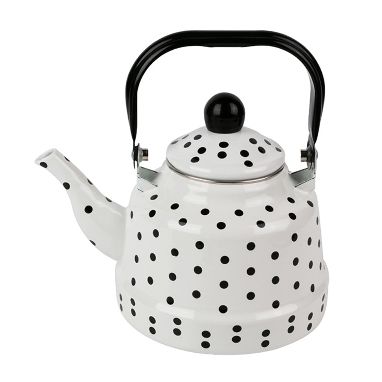 Bouilloire en émail blanc avec motif à pois noirs pour dessus de cuisinière, théière rétro pour eau chaude, chaleur rapide, remplissage facile, sans sifflement (1,7 l)