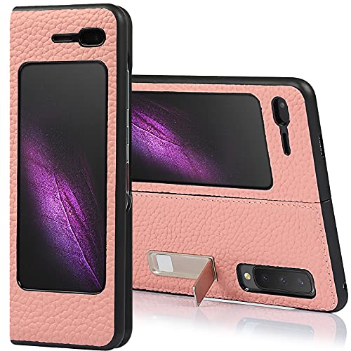 Miimall Compatible with Samsung Galaxy Fold 2019 Fold 5G 2020 Genuine Leather with Built-in Alloy Stand Case Cover for Samsung Galaxy Fold 2019 Samsung Galaxy Fold 5G (Pink)