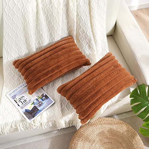 FUTEI Brown Striped Decorative Throw Pillow Covers 12x20 Inch Set of 2,Rectangle Winter Decorations Couch Lumbar Pillowcase,Soft Cozy Faux Rabbit Fur & Velvet Back,Modern Home Decor for Bed