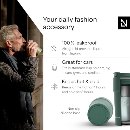Image of LARS NYSOM Thermo Coffee Mug to go 17oz | Travel Mug 0.5 Liter with Insulation | Silicone grip base | Leak Proof Stainless Steel Tumbler for Coffee and Tea on the Go (Powder Pine Green, 17oz)