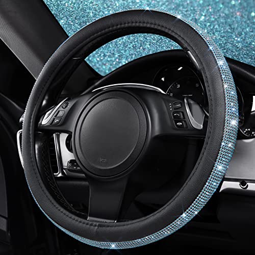 Image of CAR PASS Mint Diamond Black Leather Steering Wheel Cover, Bling Blue Crystal Rhinestones Universal Fit 14 inch1 /2-15 inch Crystal Glitter for Women Sparkle Girl Fit Suvs,Vans,Sedans,Cars,Trucks, Mint Diamond