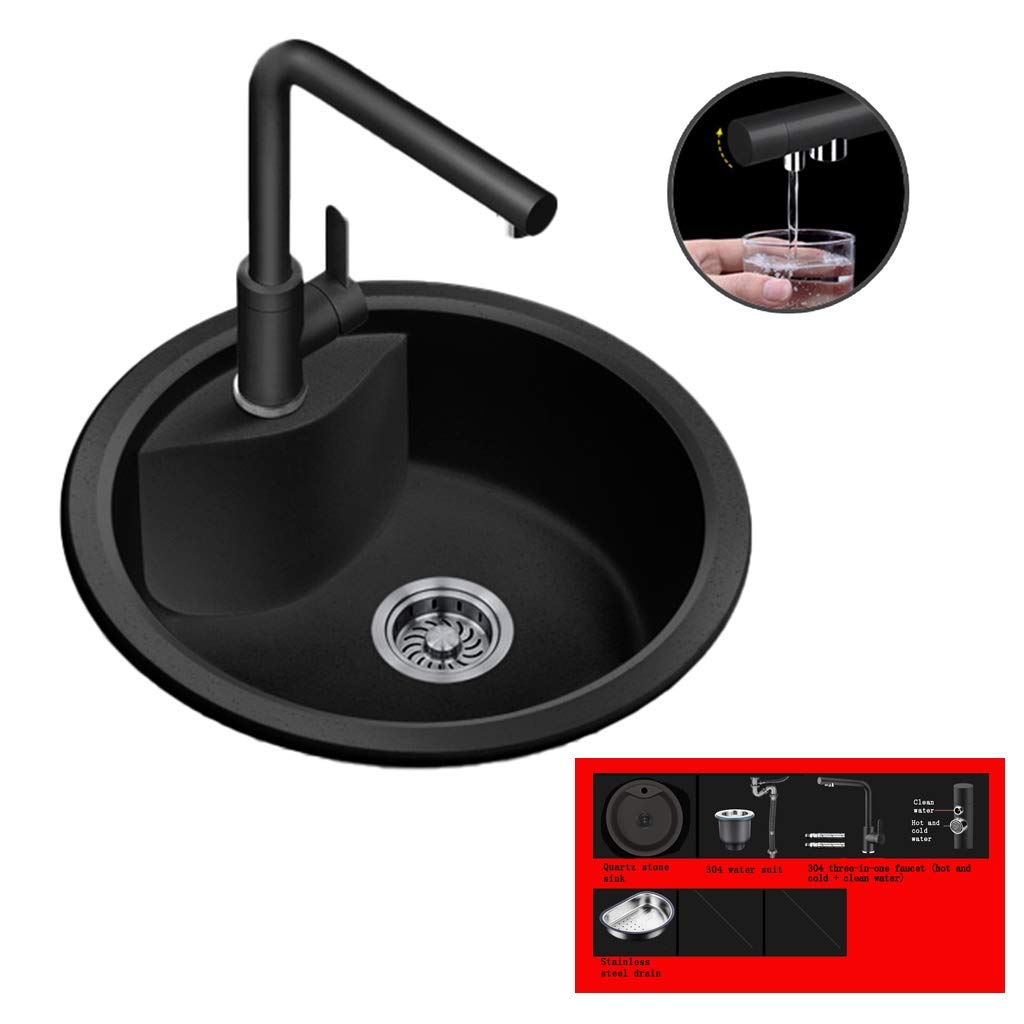 ZQFHSX Kitchen Fixtures Tableware Cleaning Pool Household Quartz Stone Sink Single Basin Round Sink, Mini (Color : Black, Size 43.5 * 19.5cm)