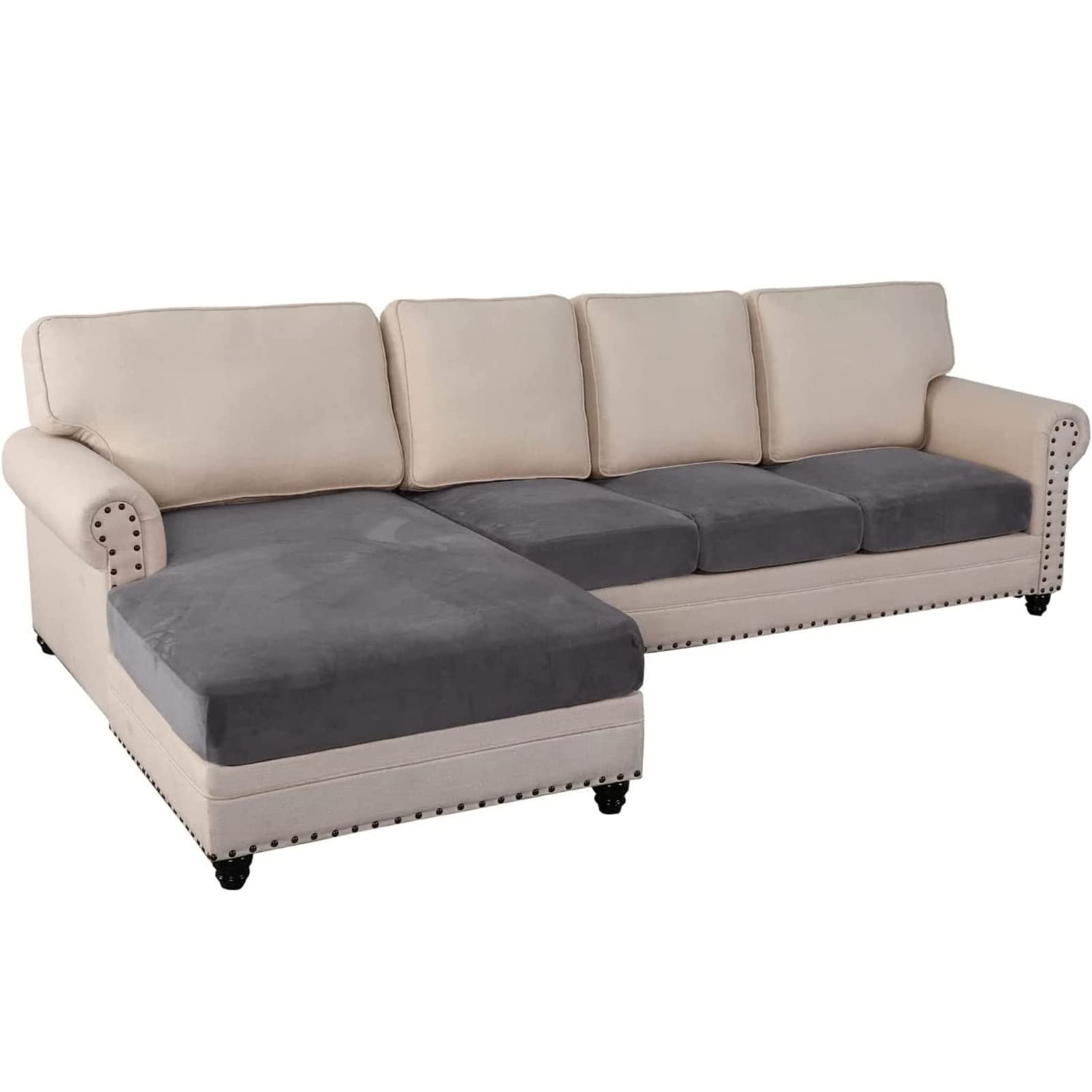 Sectional Couch Covers, Velvet Sofa Seat Cushion Covers, L Shape Velvet Separate Cushion Couch Chaise Covers Furniture Pector for Both Left/Right Sectional Couch (Grey,4 Seater)