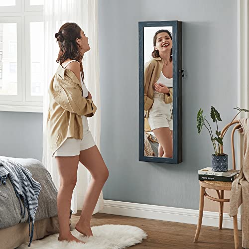 SONGMICS 6 LEDs Mirror Jewelry Cabinet, 47.2-Inch Tall Lockable Wall or Door Mounted Jewelry Armoire Organizer with Mirror, 2 Drawers, Christmas Gifts,3.9 x 14.6 x 47.2 Inches, Rustic Blue UJJC93IN