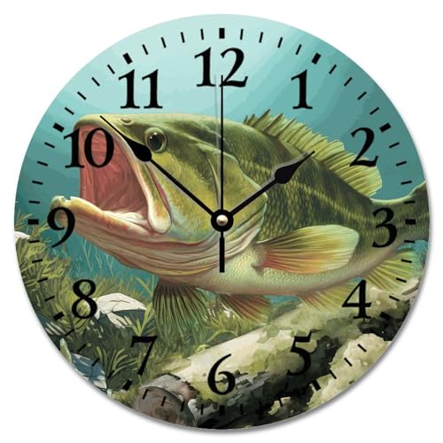 ArogGeld Bass Fish Wall Clock 10 Inch Wall Clock Battery Operated Non-Ticking Vintage Farmhouse Wood Clock Large Wall Clock for Living Room Kitchen?Bedroom Decor, Multicolor