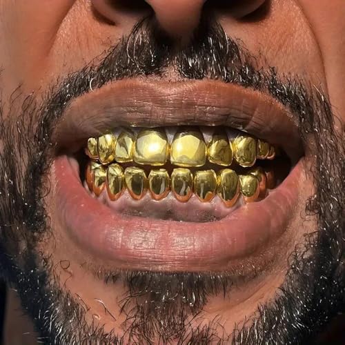 18K Gold Plated Hip Hop Teeth Grillz for Your Teeth Iced out 8 Top Teeth 8 Bottom Tooth Grillz For Men Women Rapper Costume Cosplay Extra Molding Bars2