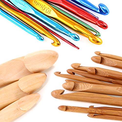 24Pcs Crochet Hooks Kit, Including 3Mm-25Mm 15Pcs Assorted Sizes Wooden Bamboo Crochet Hooks And 9Pcs Multi-Coloured Aluminum 2Mm-10Mm Handle Crochet Hooks For Handcrafted Knitting Needles #TOP4