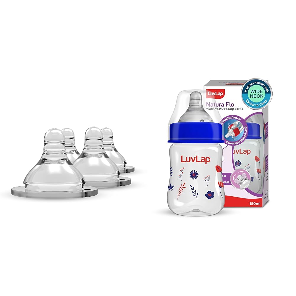 Luvlap Anti-Colic Natura Flo Teat/Nipple for Wide Neck Bottle, 4pcs, Fast Flow, 6m+ & LuvLap N Flo W Neck F Botl, 150ml, Red Blue Floral