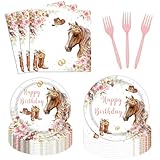 96pcs Cowgirl Horse Birthday Party Tableware Set Decorations Western Horse Plates Napkins Girl Saddle Up Horse Happy Birthday Party Supplies Serves 24 Guests