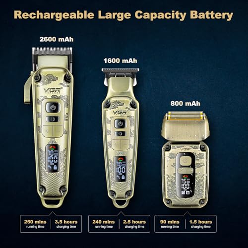 VGR Cortapelos inalámbrico para hombre, recortadora de barba, afeitadora eléctrica, juego de peluquería profesional, batería recargable a través de USB-C, kit de aseo para hombre para cara, corte de - imagen 6