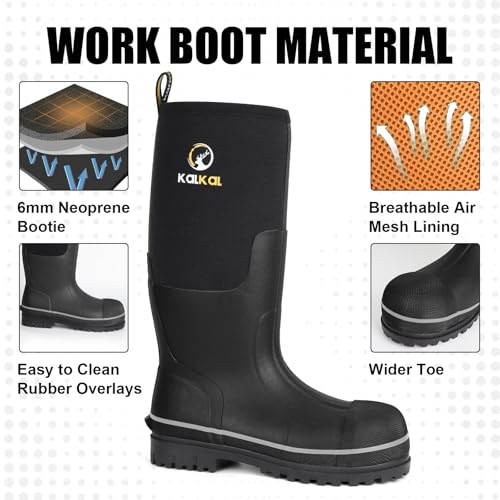 Kalkal Steel Toe Rubber Boots For Men, Waterproof Rubber Work Boots With Steel Shank, Puncture-Proof Safey Composite Toe Hunting Boots for Farming, Gardening, Fishing, Outdoor Work, Size 6-144
