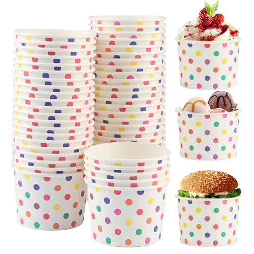 XIAQICA 50 Piezas Tazas de Papel para Helados con Lunares de Colores Vasos para Helados de Cartón de 240ml con Cuchara Transparente Recipiente para Helado Yogur Helado Postre