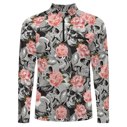 Skull in Flowers Pattern Men's Rash Guard Long Sleeves Quick Dry Fishing Workout Shirts with Zipper4