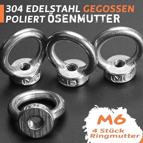 4 Stück Ringmutter M6 Ösenmutter 304 Edelstahl Augenmutter Transportmutter für Hebegeräte Zubehör Seilmontage Hebezubehö
