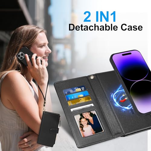 Harryshell 2 in 1 for iPhone 14 Pro Max Wallet Case Magnetic Compatible with Magsafe RFID Blocking Card Holder Detachable Phone Cover Zipper Purse Kickstand Wrist Strap for Men Women 6.7" 2022 Black - image 2