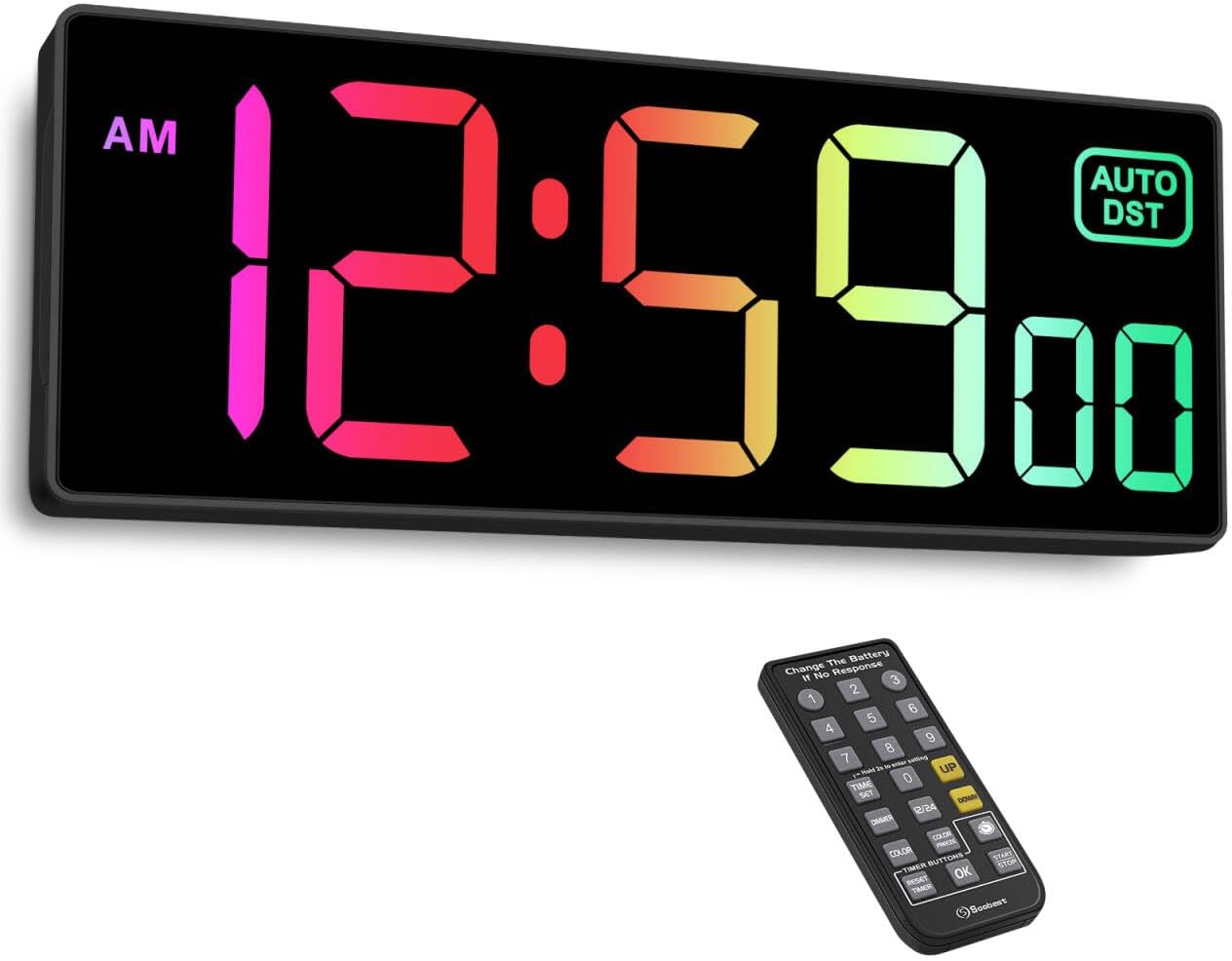 Soobest Digital Wall Clock with Remote Countdown Electrical Timer Seconds for Gym Living Room Office Classroom, 8 RGB Colors, Auto DST, Corded Plug in Large Display 5 Dimmer (10.2″ Multicolor)