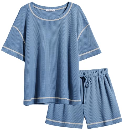 Image of Ekouaer Women's Waffle Knit Two Piece Lounge Set, Soft Matching Outfits for Daily Wear, Casual Shorts Set with Pocket