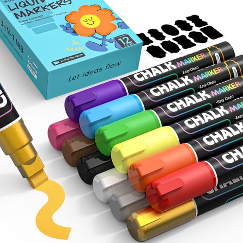 WUO Window Chalk Markers,12 Colors Car Markers,10mm 3-In-1 Jumbo Wide