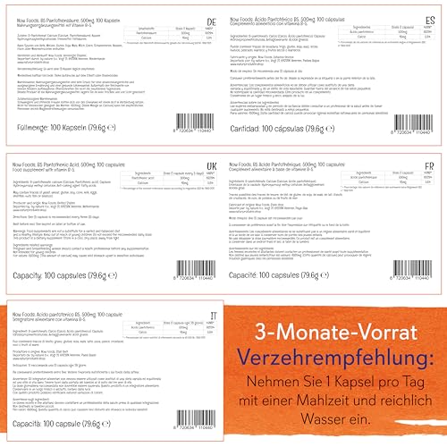 Now Foods, Pantothenic Acid (Pantothensäure), 500mg, 100 vegane Kapseln, Laborgeprüft, Vitamin B5, Hochdosiert, Glutenfrei, Sojafrei, Vegetarisch