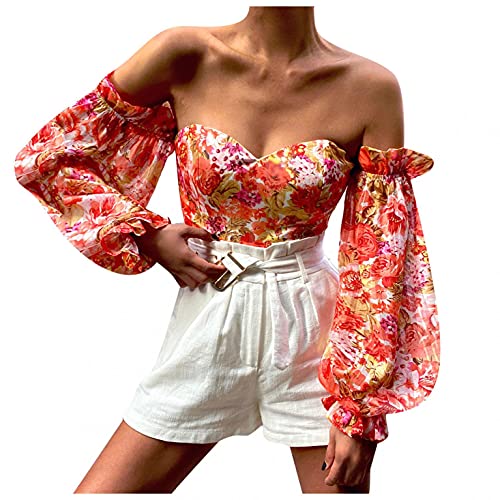 NIHOND Womens Off Shoulder Tops Sexy Chest-Wrapped Lantern Long Sleeve T Shirt Fashion Chic Floral Printed Tunic Tops Orange