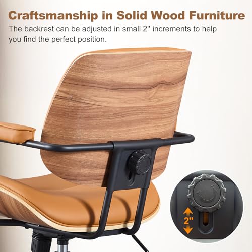 Image of Mid Century Modern Office Chair with Adjustable Backrest, Wooden Desk Chair with Armrests, Swivel Height Adjustable Home Office Chair, Comfortable Task Chair for Home Office, Brown