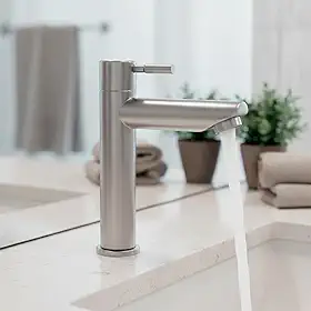 Torneira Para Banheiro De Mesa Bica Baixa 1/4 De Volta Aço Inox 304 Escovado Elegance Beltempo