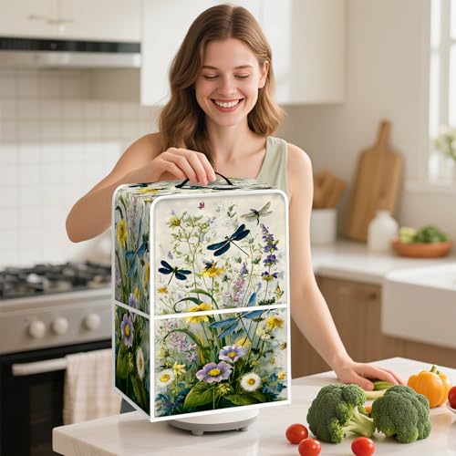 seewan Kitchen Blender Dust Cover Compatible with Vitamix Low-Profile 64 oz, Foldable Appliance Cover for Blenders with Accessory Pockets and Hanging Loop (Floral Dragonfly)