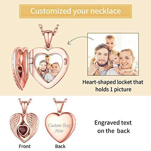 Chicsilver Angel Wings Locket Necklace Rose Gold Plated Sterling Silver Guardian Angel Birthstone Heart Locket Necklace That Holds Pictures Personalized Custom Photo Jewelry For Women Girls, 22 Inch #TOP2